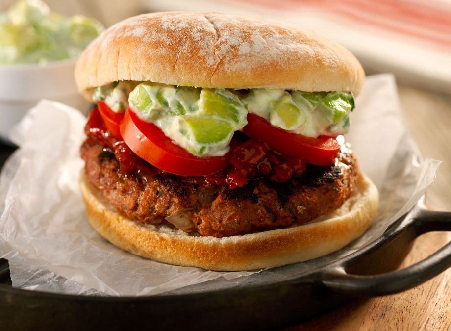 Lamb burger with avocado chilli jam