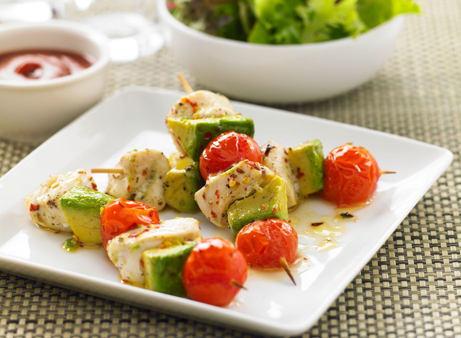 Chicken, avocado and tomato skewers