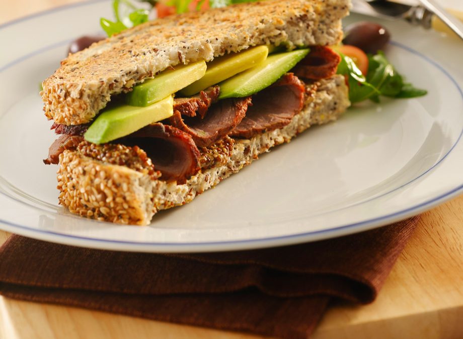 Avo, roast beef and grain mustard sandwich