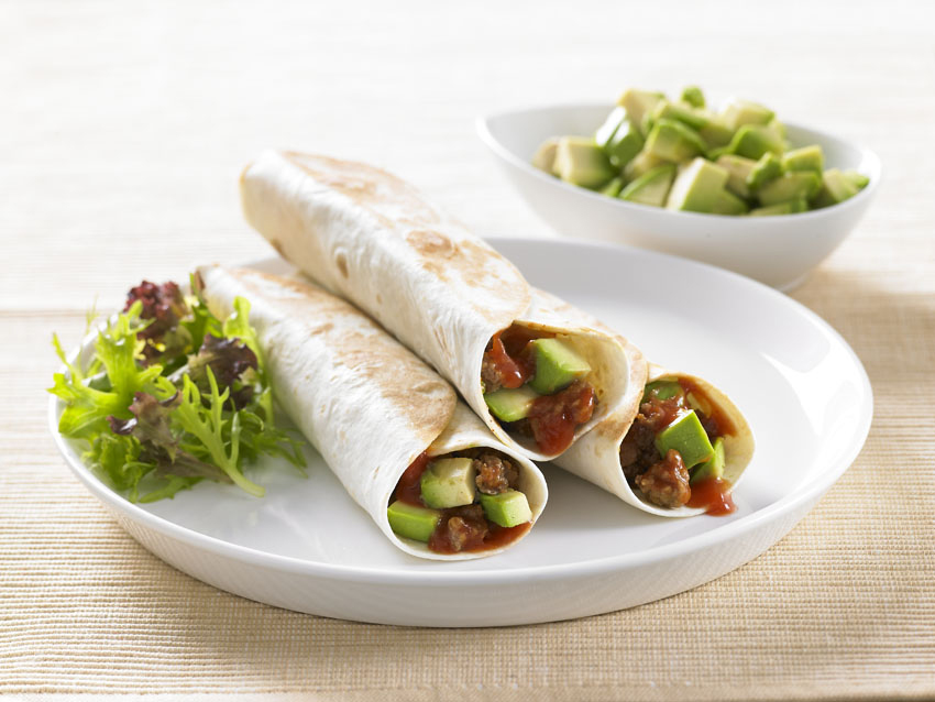 Beef mince with avocado tortilla wraps