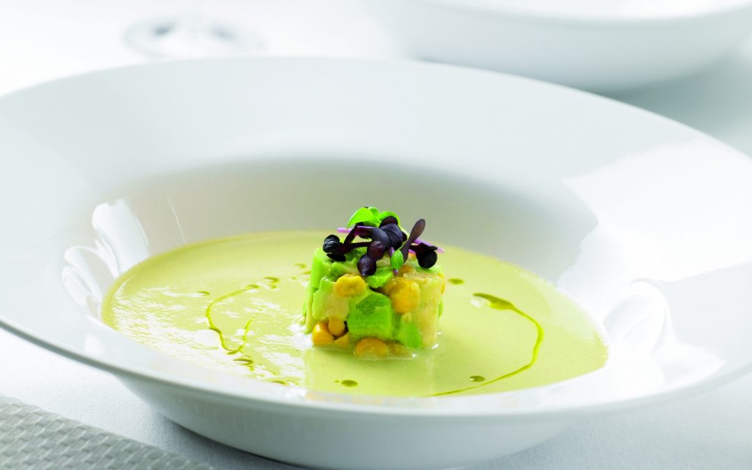 Green tomato gazpacho with smoked corn, avocado and shiso