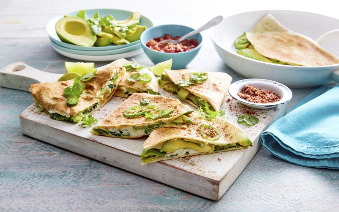 Spicy avocado, egg and three cheese quesadillas