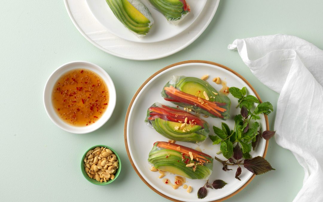 Rice Paper rolls with Avocado, and Spicy Dipping Sauce