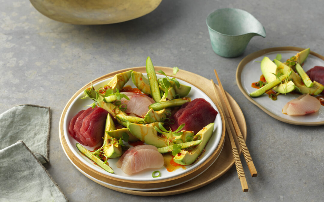 Sashimi Fish, Avocado, Cucumber & Spring Onion Salad with a Light Citrus Dressing