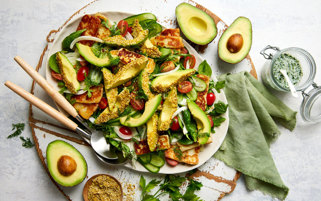 Grilled halloumi and dukkah crumbed avocado salad with a buttermilk dressing