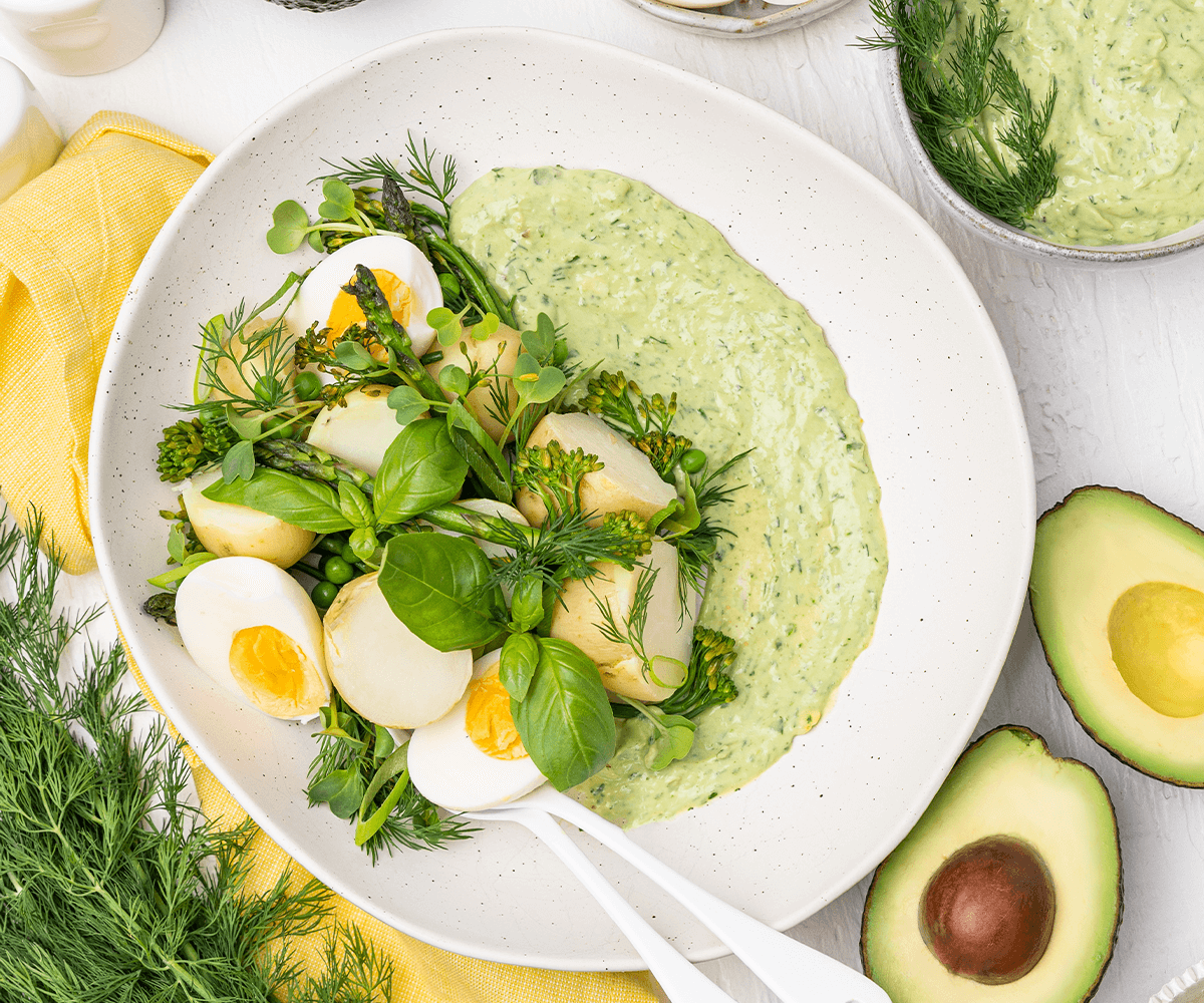 Green goddess potato salad with avocado dressing