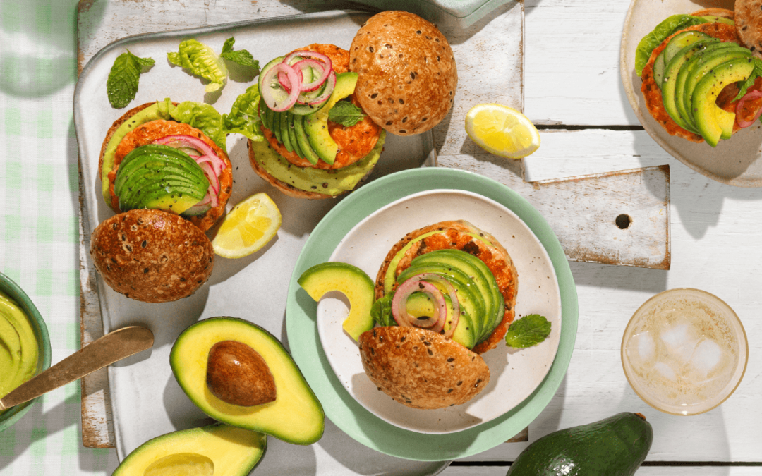 Salmon Burgers with Avocado, Quick Pickled Onion and Avocado Aioli