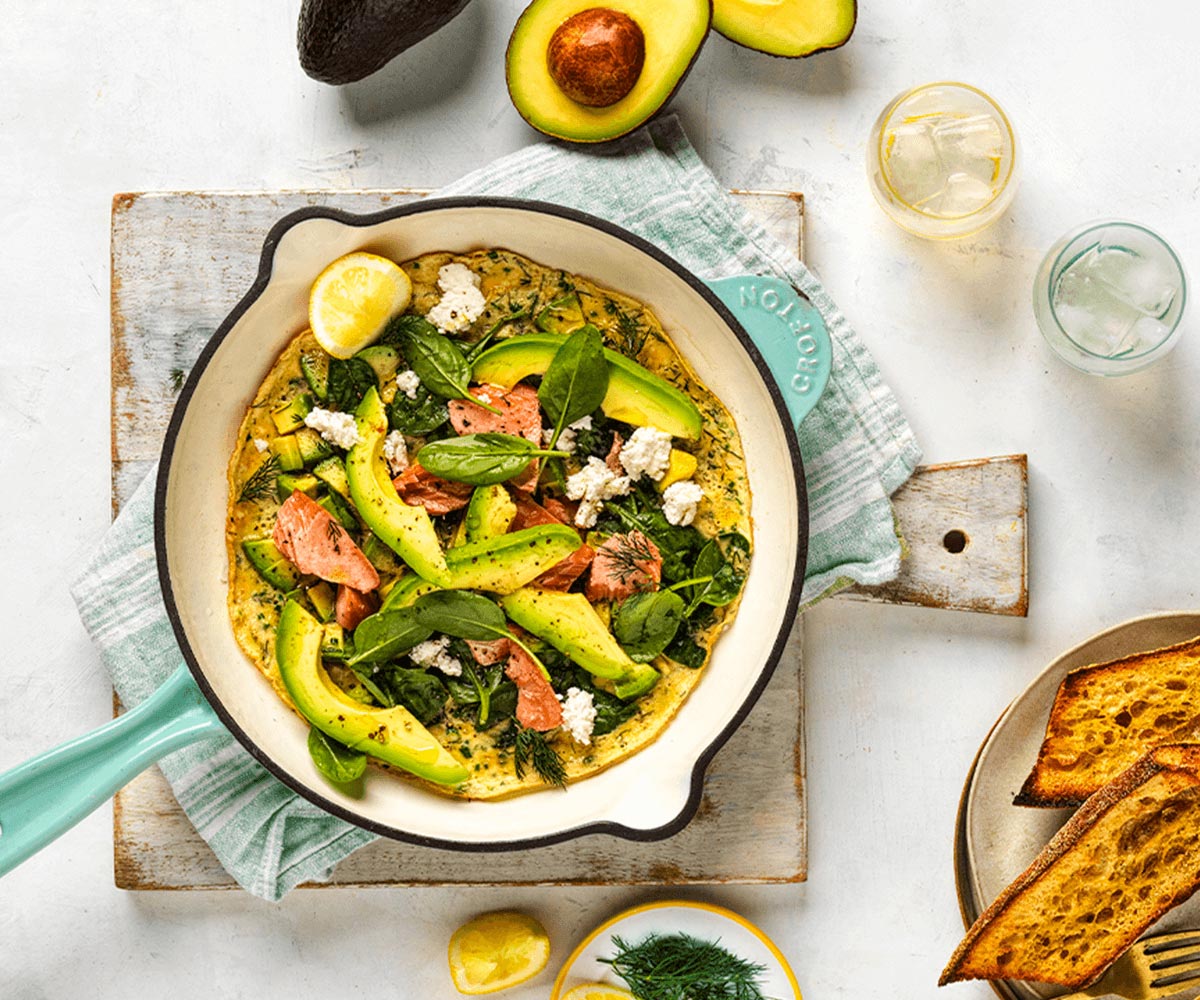 Avocado omelette with hot-smoked salmon, dill and lemon