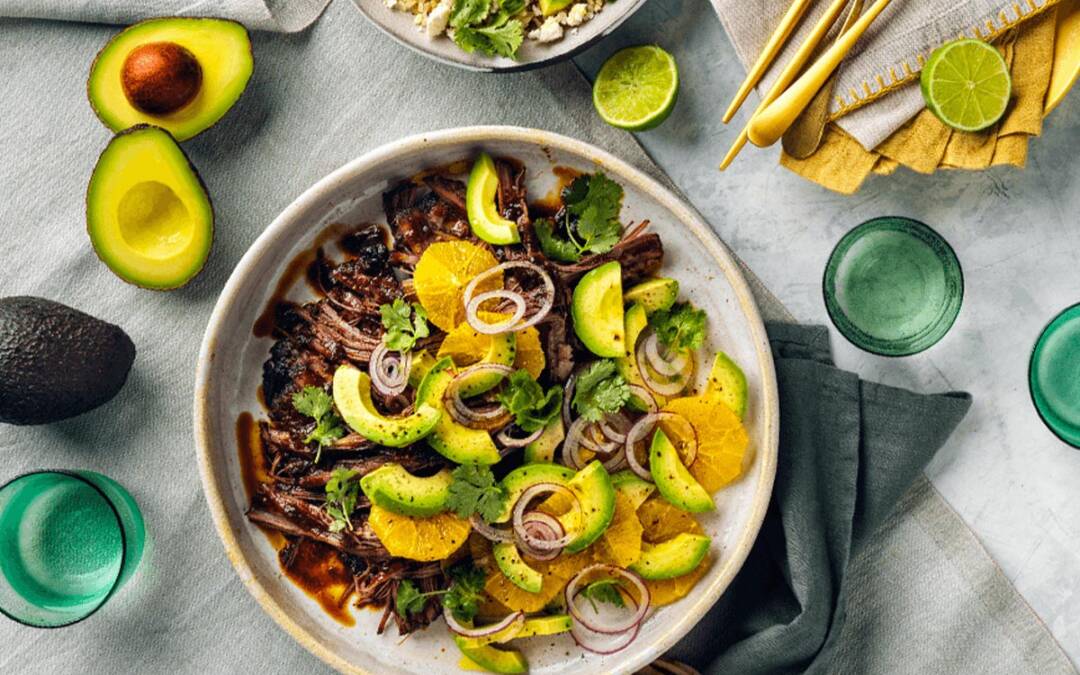 Smoky Brisket with Avocado-Orange Salad, Avocado Rice and Tortilla Chips 