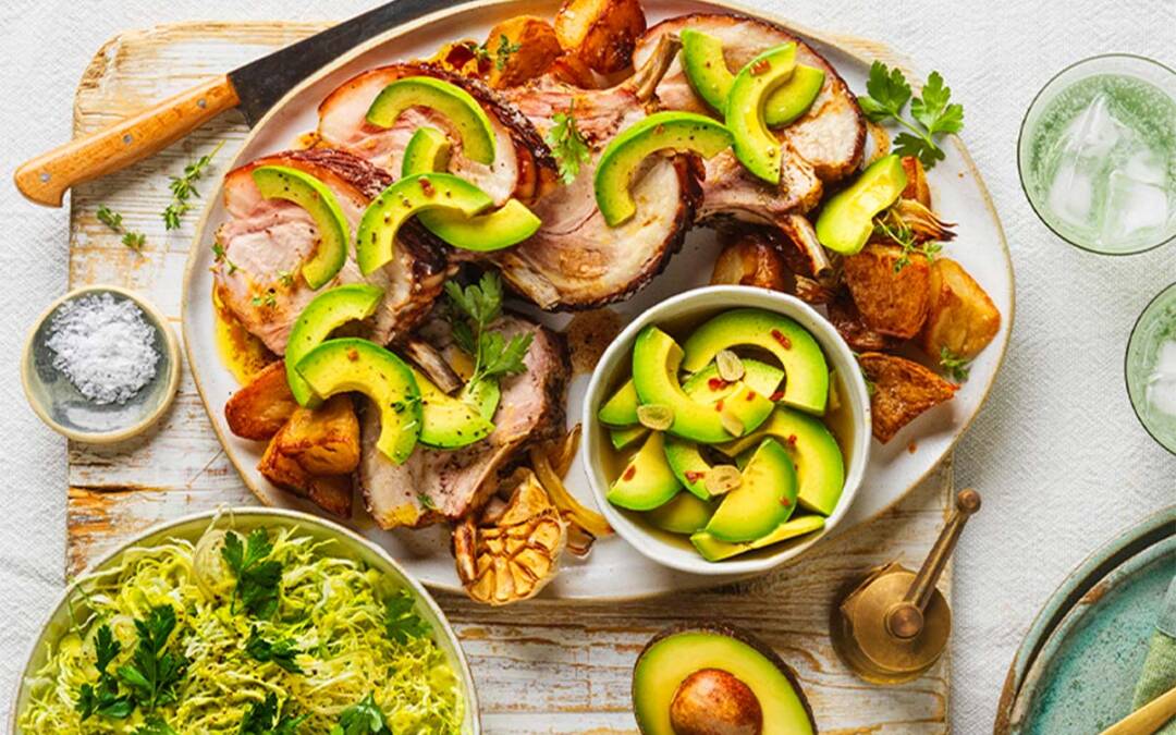 Pork roast with pickled avocado and slaw 