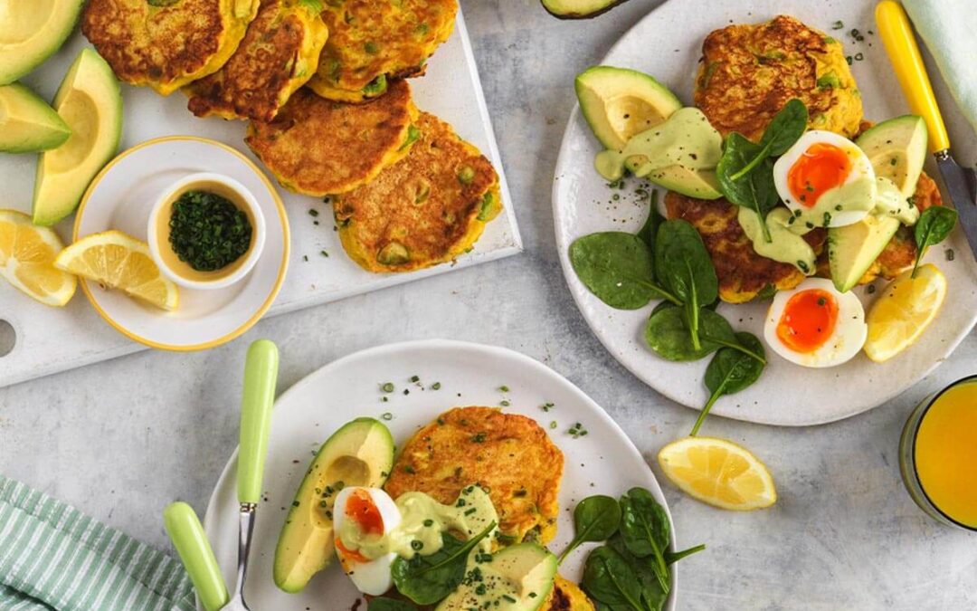 Avocado Fritters With Eggs And Avocado Hollandaise