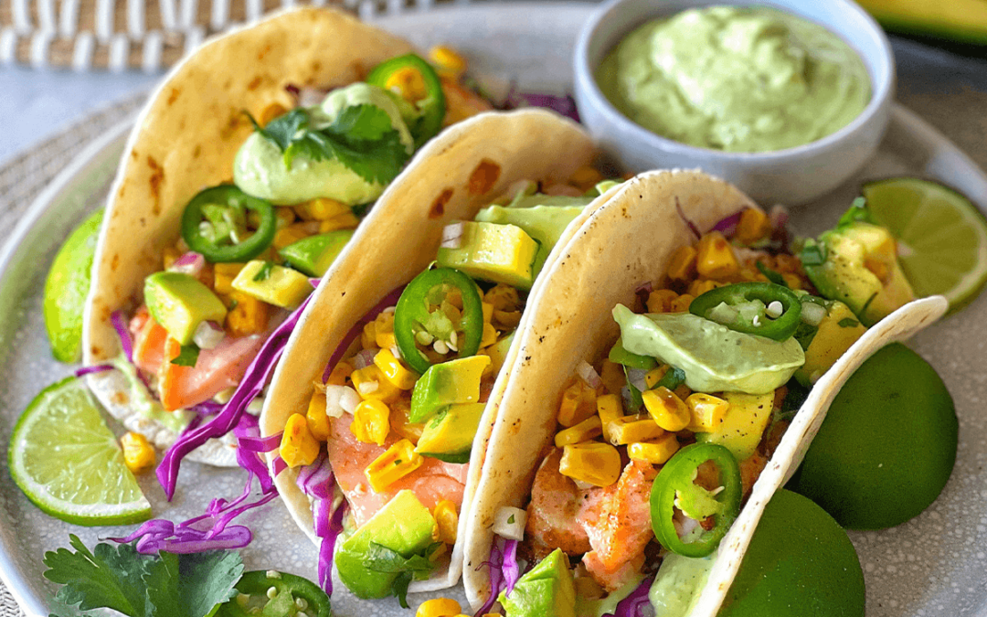 Salmon Tacos with Avocado Corn Salsa and Avocado Crema