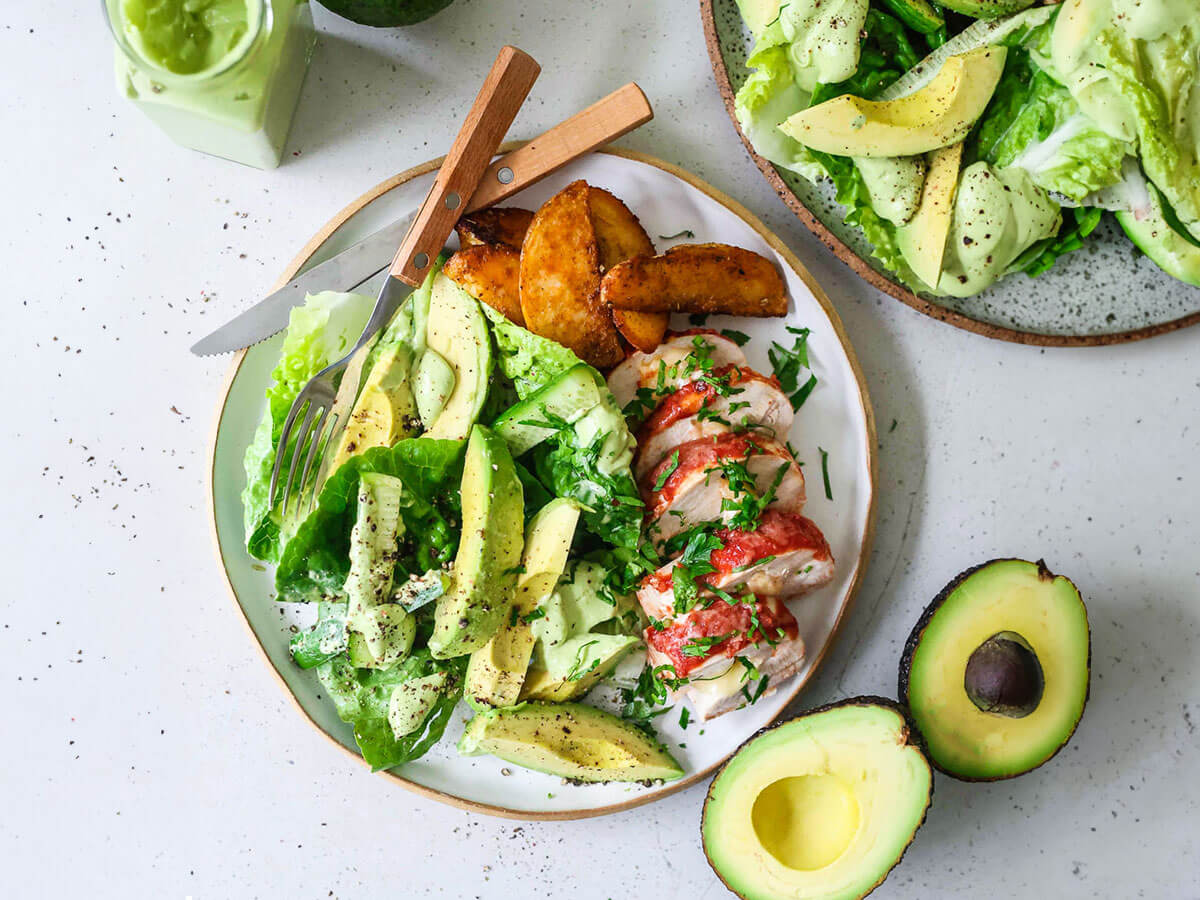 CHICKEN PARM WITH AVOCADO COS LETTUCE SALAD