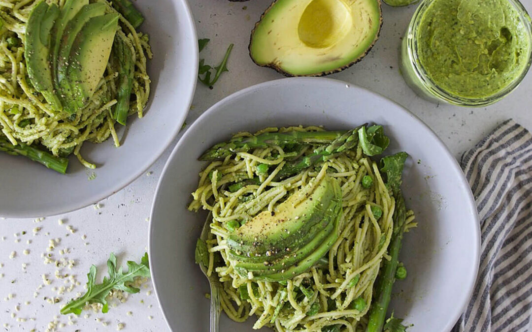 Avocado Pesto Pasta with Asparagus & Peas