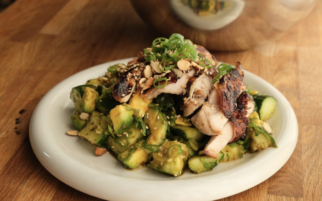 Smashed Cucumber, Avocado & Sesame Salad with Chicken Thighs x Sezzy Brown