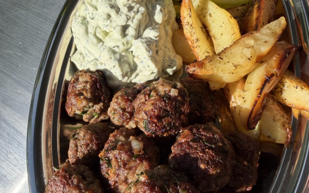 Beef Keftedes with Avocado Tzatziki & Crispy Lemon Potatoes x Helena & Vikki
